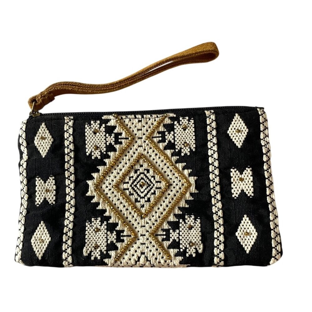 KATYDID Boho Wristlet Clutch Black, White & Gold Geometric Pattern Leather Strap